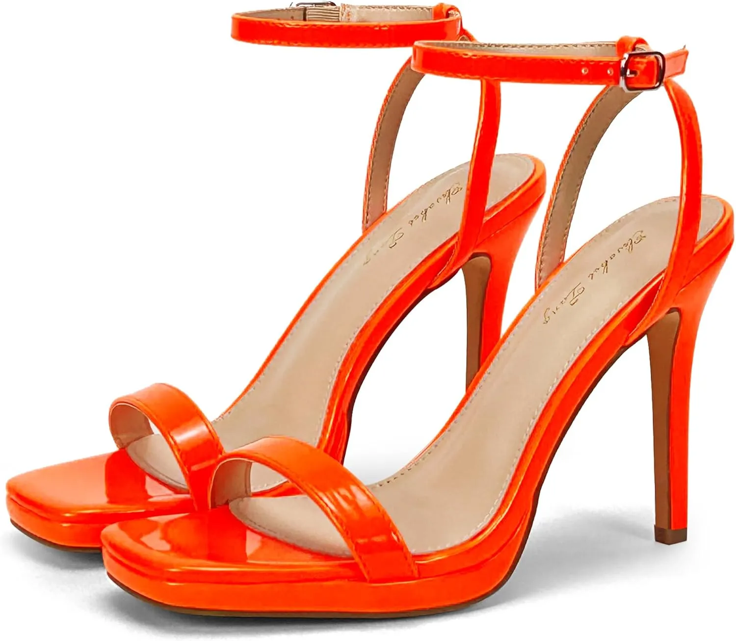 Elisabet Tang Womens Stilettos Heeled Sandals Open Square Toe Heels,4.3 Inch Open Toe Strappy Sexy High Heels Ankle Strap Buckle Heels for Party Wedding Dress Daily Wear Shoes