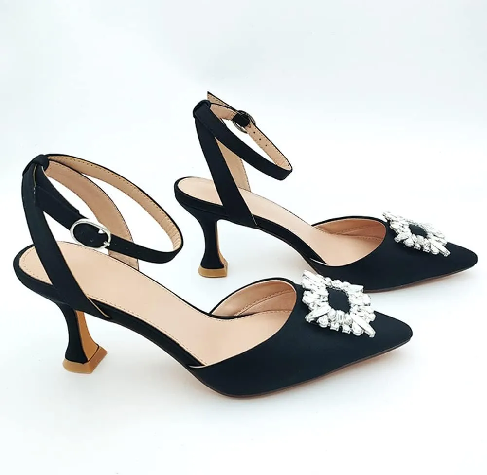 Fashion Rhinstone Clear Kitten Heels Wedding Low Heel Slingback Adjustable Strap Sandals