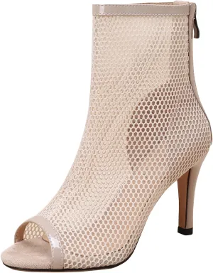 FENIKUSU Women's Ballroom Dance Shoes Peep Toe High Heel Mesh Boots Stiletto Sandals Bootie Model F10