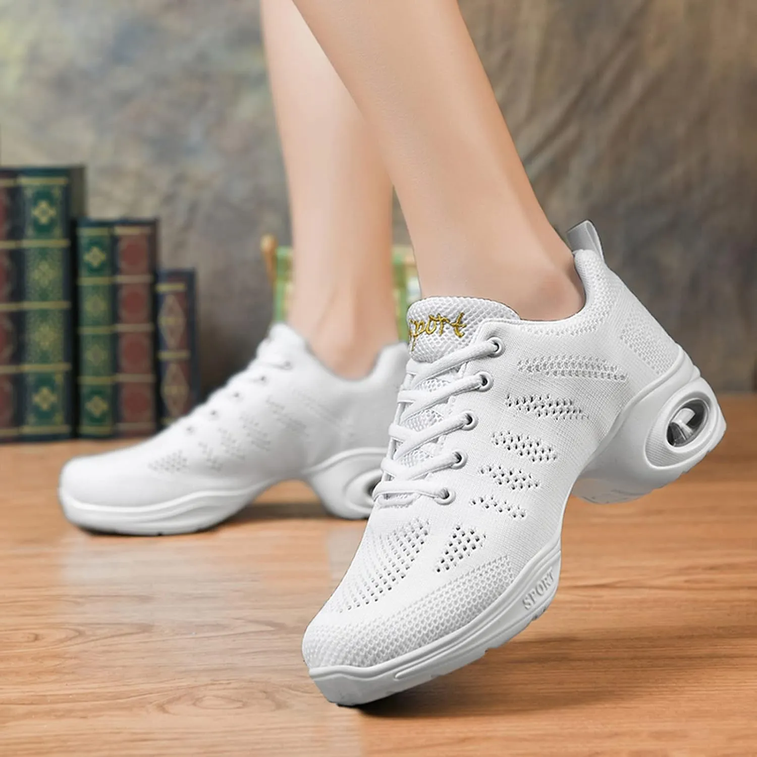 FLIOZY Dance Sneakers Womens Jazz Shoes Lace-up Breathable Mesh Sports Walking Dance Shoes Practice Shoes Outdoor Air Cushion Platform Shoes