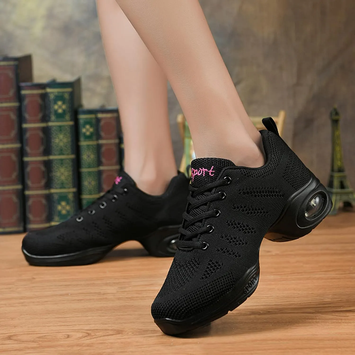 FLIOZY Dance Sneakers Womens Jazz Shoes Lace-up Breathable Mesh Sports Walking Dance Shoes Practice Shoes Outdoor Air Cushion Platform Shoes