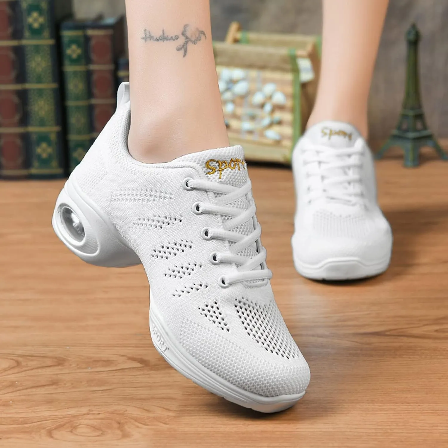 FLIOZY Dance Sneakers Womens Jazz Shoes Lace-up Breathable Mesh Sports Walking Dance Shoes Practice Shoes Outdoor Air Cushion Platform Shoes