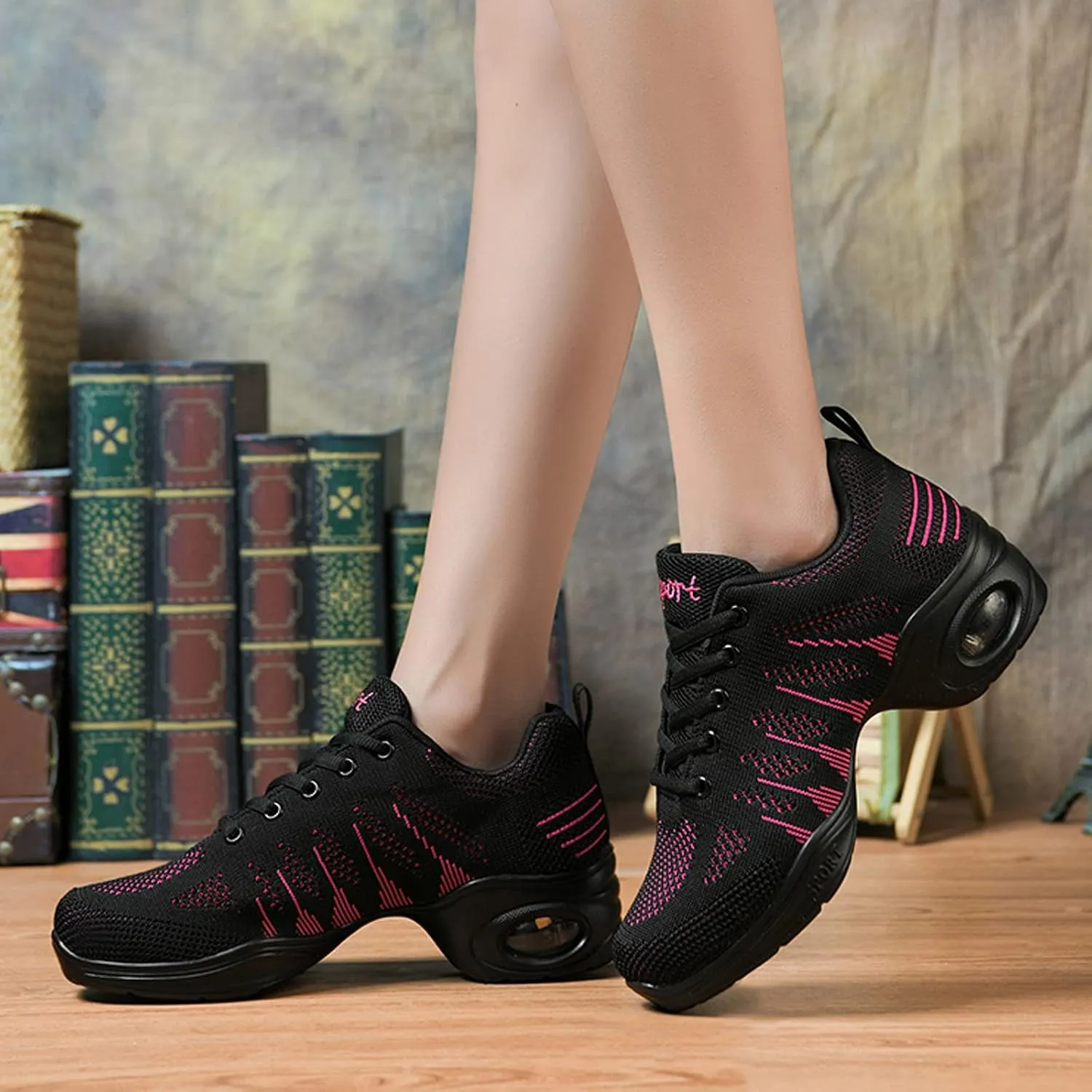 FLIOZY Dance Sneakers Womens Jazz Shoes Lace-up Breathable Mesh Sports Walking Dance Shoes Practice Shoes Outdoor Air Cushion Platform Shoes