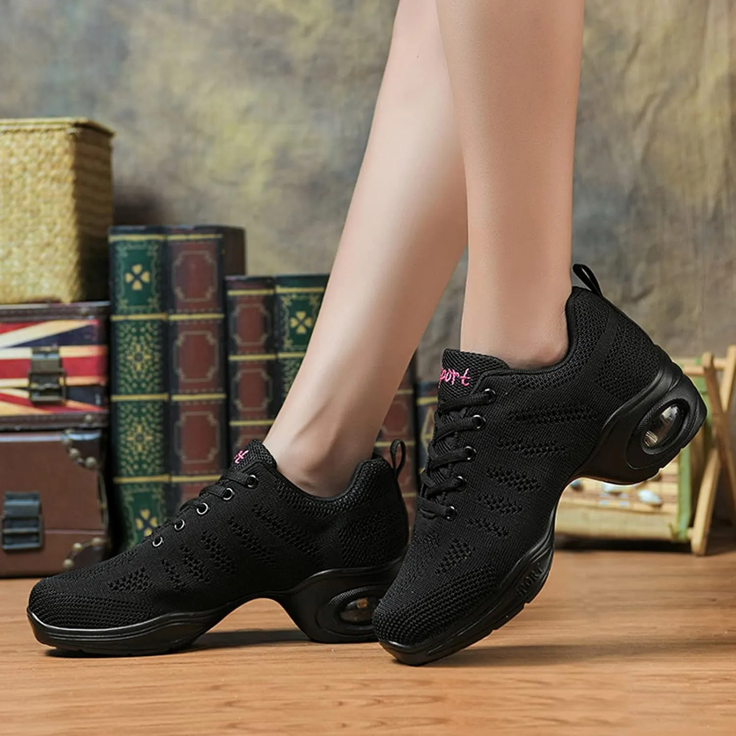 FLIOZY Dance Sneakers Womens Jazz Shoes Lace-up Breathable Mesh Sports Walking Dance Shoes Practice Shoes Outdoor Air Cushion Platform Shoes