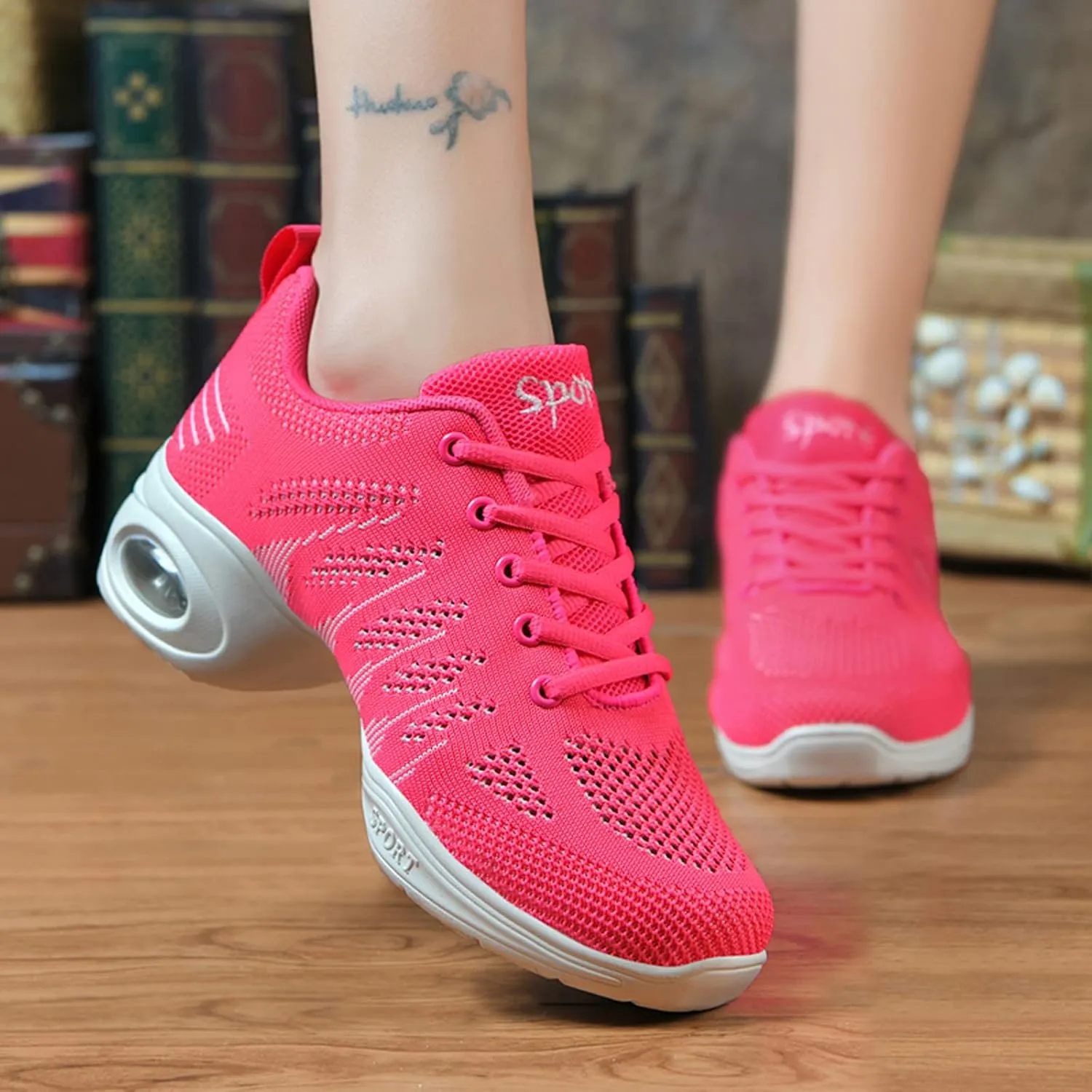 FLIOZY Dance Sneakers Womens Jazz Shoes Lace-up Breathable Mesh Sports Walking Dance Shoes Practice Shoes Outdoor Air Cushion Platform Shoes