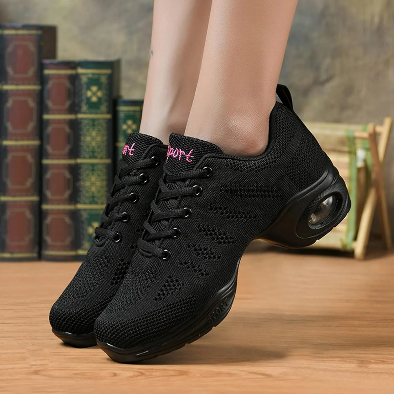 FLIOZY Dance Sneakers Womens Jazz Shoes Lace-up Breathable Mesh Sports Walking Dance Shoes Practice Shoes Outdoor Air Cushion Platform Shoes