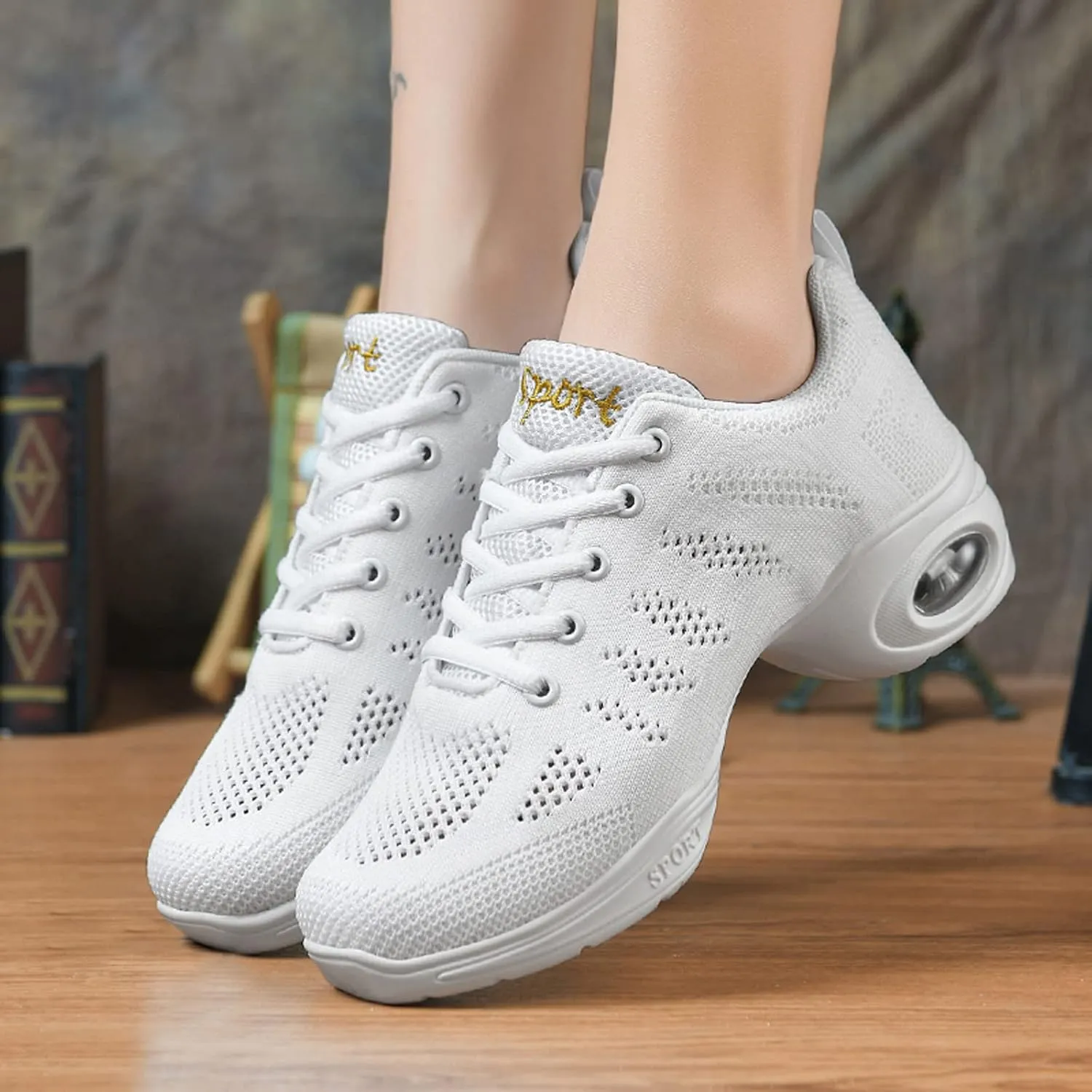 FLIOZY Dance Sneakers Womens Jazz Shoes Lace-up Breathable Mesh Sports Walking Dance Shoes Practice Shoes Outdoor Air Cushion Platform Shoes