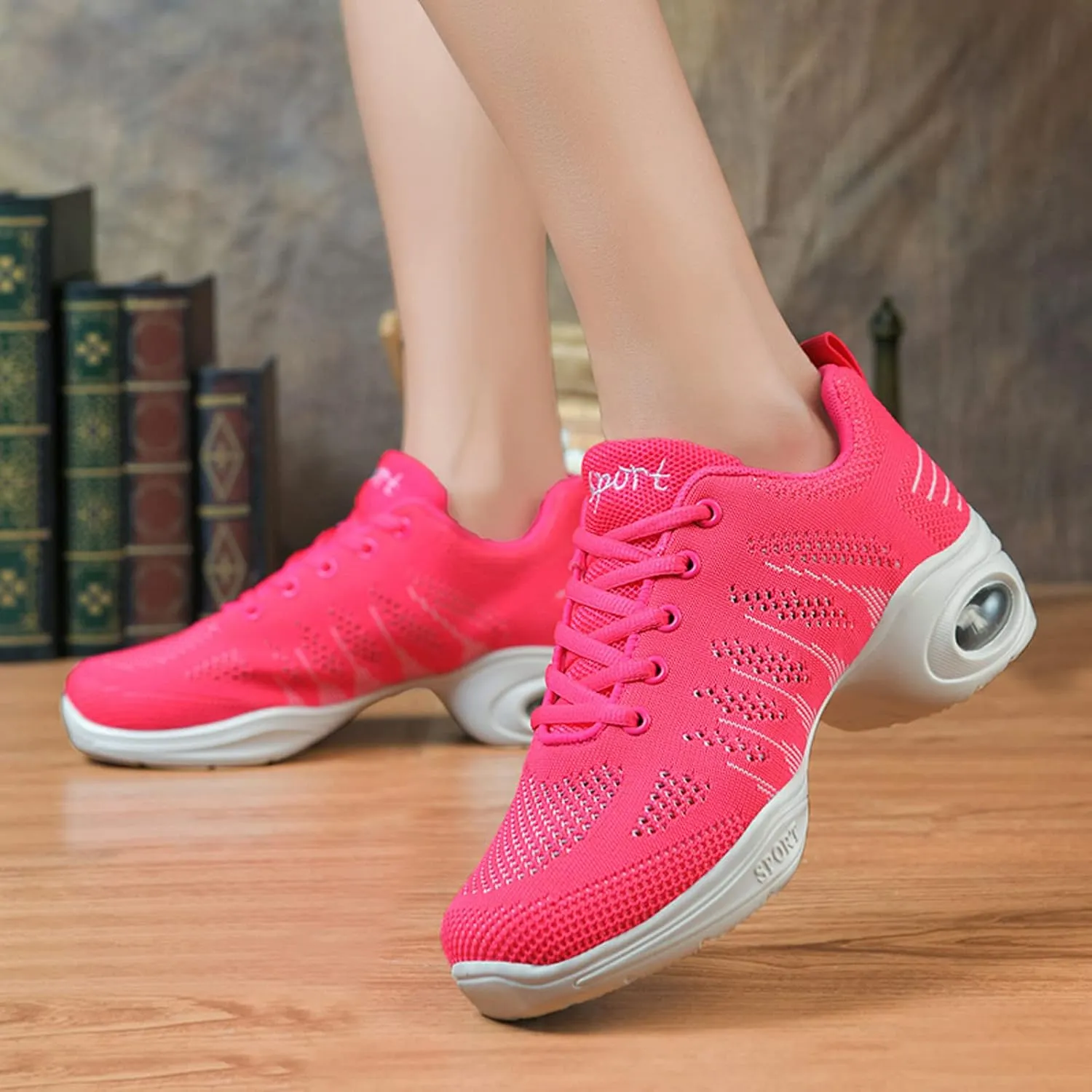 FLIOZY Dance Sneakers Womens Jazz Shoes Lace-up Breathable Mesh Sports Walking Dance Shoes Practice Shoes Outdoor Air Cushion Platform Shoes