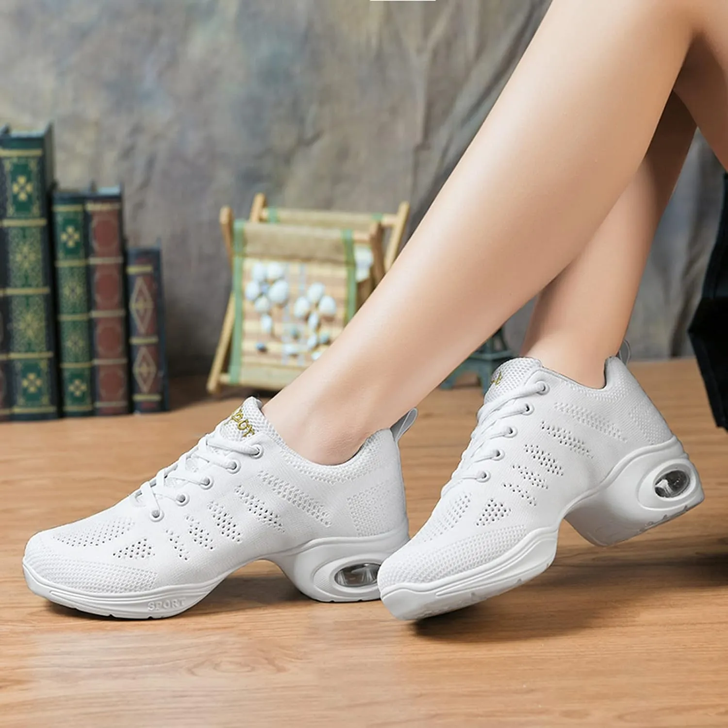 FLIOZY Dance Sneakers Womens Jazz Shoes Lace-up Breathable Mesh Sports Walking Dance Shoes Practice Shoes Outdoor Air Cushion Platform Shoes