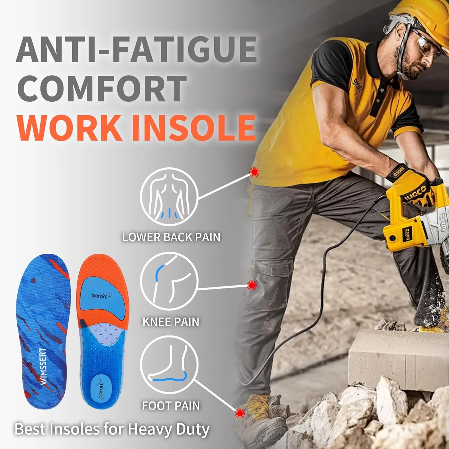 Gel Work Insoles with Poron Foam  Anti-Fatigue Shock Absorption for Standing All Day, Low Arch Support Boot Insert (Men/Women)