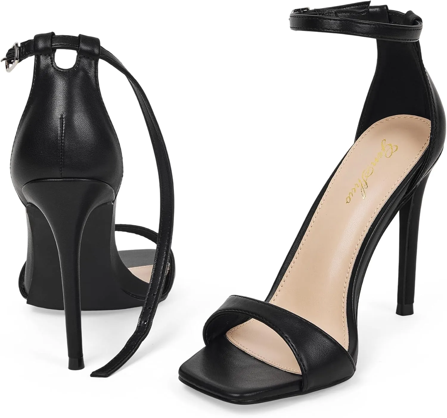 GENSHUO High Heeled Sandals for Women One Strap Heels with Square Open Toe 4 Inch Stiletto Ankle Strap Shoes Elegant Sexy Dress Wedding Party