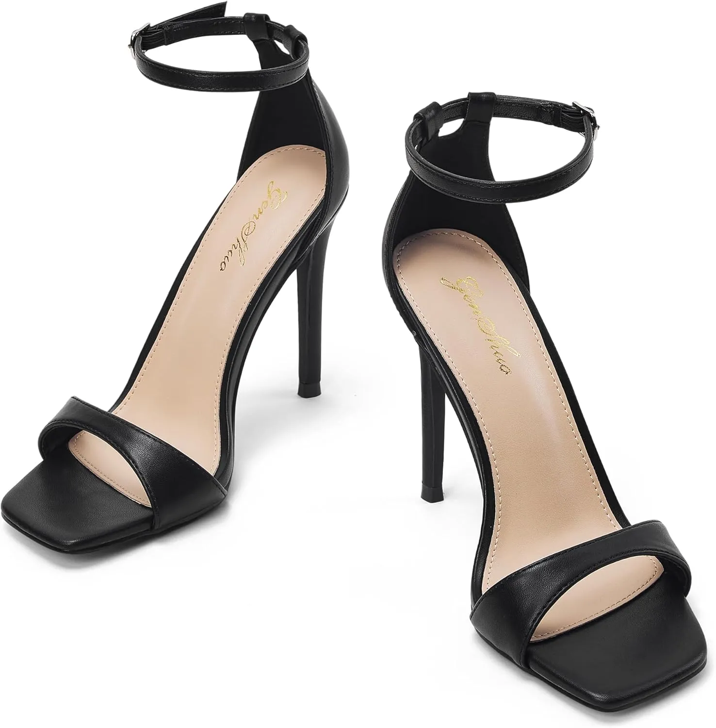 GENSHUO High Heeled Sandals for Women One Strap Heels with Square Open Toe 4 Inch Stiletto Ankle Strap Shoes Elegant Sexy Dress Wedding Party
