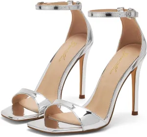 GENSHUO High Heeled Sandals for Women One Strap Heels with Square Open Toe 4 Inch Stiletto Ankle Strap Shoes Elegant Sexy Dress Wedding Party