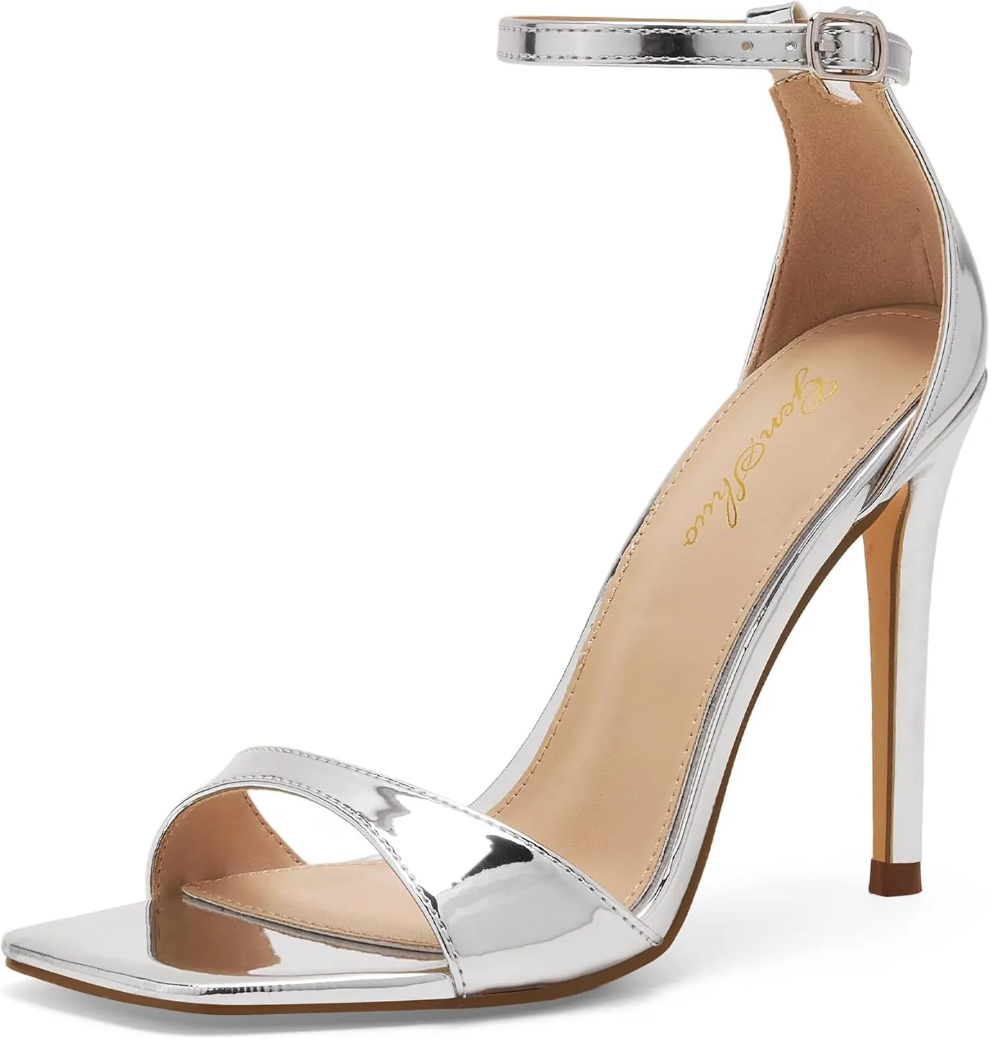 GENSHUO High Heeled Sandals for Women One Strap Heels with Square Open Toe 4 Inch Stiletto Ankle Strap Shoes Elegant Sexy Dress Wedding Party