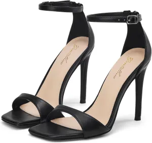 GENSHUO High Heeled Sandals for Women One Strap Heels with Square Open Toe 4 Inch Stiletto Ankle Strap Shoes Elegant Sexy Dress Wedding Party