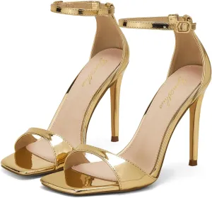 GENSHUO High Heeled Sandals for Women One Strap Heels with Square Open Toe 4 Inch Stiletto Ankle Strap Shoes Elegant Sexy Dress Wedding Party