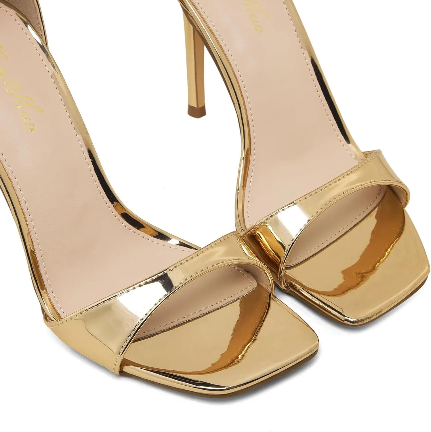 GENSHUO High Heeled Sandals for Women One Strap Heels with Square Open Toe 4 Inch Stiletto Ankle Strap Shoes Elegant Sexy Dress Wedding Party