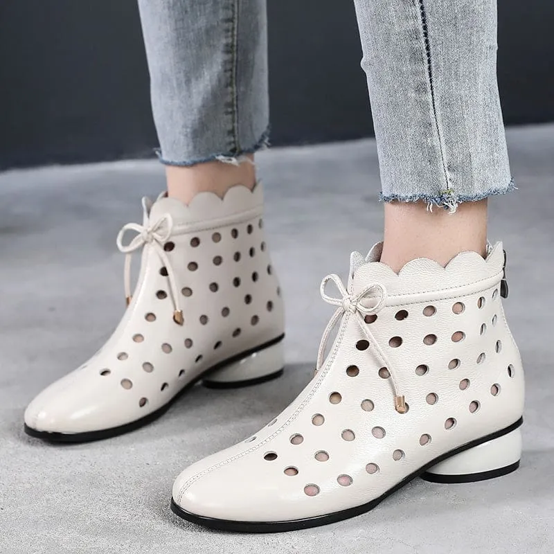 Genuine Leather Back Zipper Cutout Breathable Summer Ankle Boots
