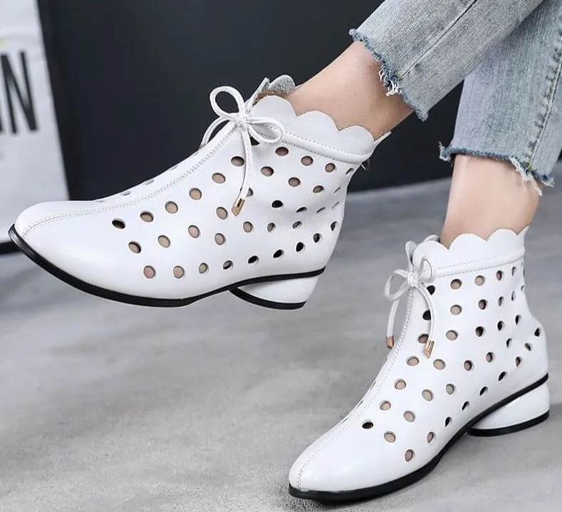 Genuine Leather Back Zipper Cutout Breathable Summer Ankle Boots