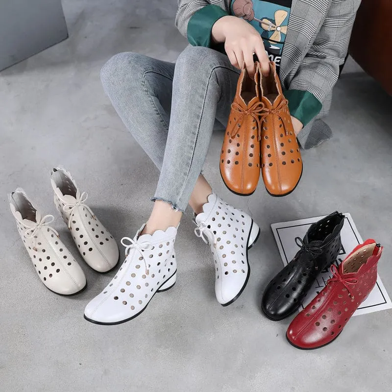 Genuine Leather Back Zipper Cutout Breathable Summer Ankle Boots
