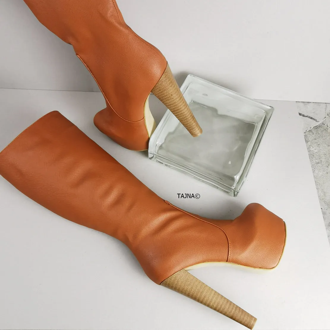 Ginger Brown Mid Calf Chunky Heel Boots