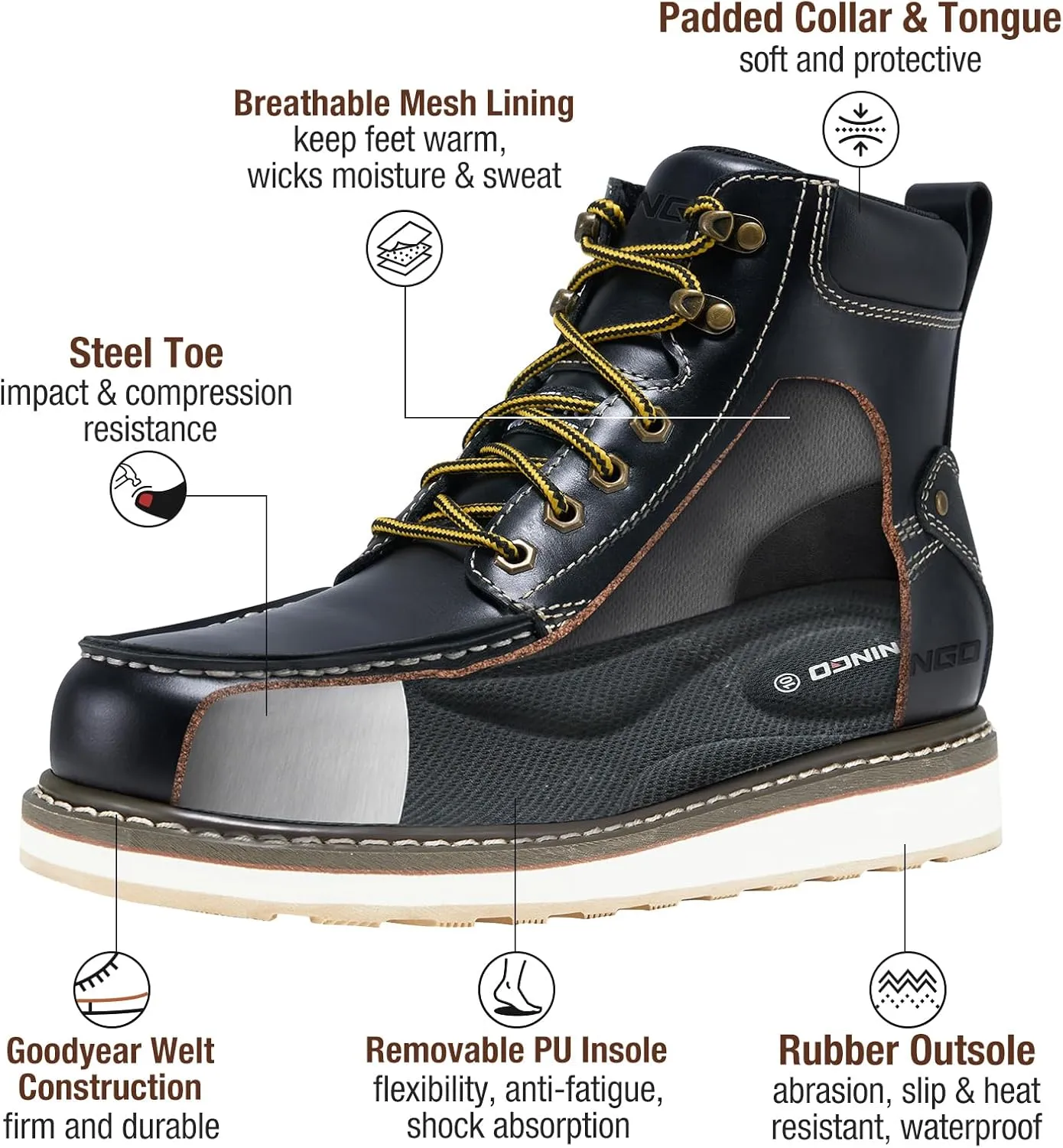 HISEA NINGO Work Boots for Men Steel/Soft Toe Boots, 6 Waterproof Slip Resistant Industrial & Construction Work Boots, Composite Toe Working Boots