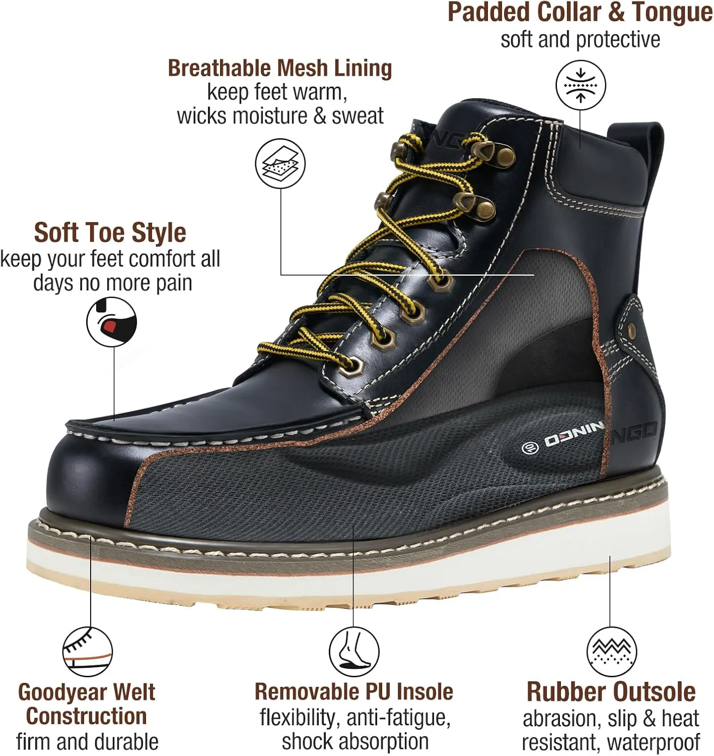HISEA NINGO Work Boots for Men Steel/Soft Toe Boots, 6 Waterproof Slip Resistant Industrial & Construction Work Boots, Composite Toe Working Boots