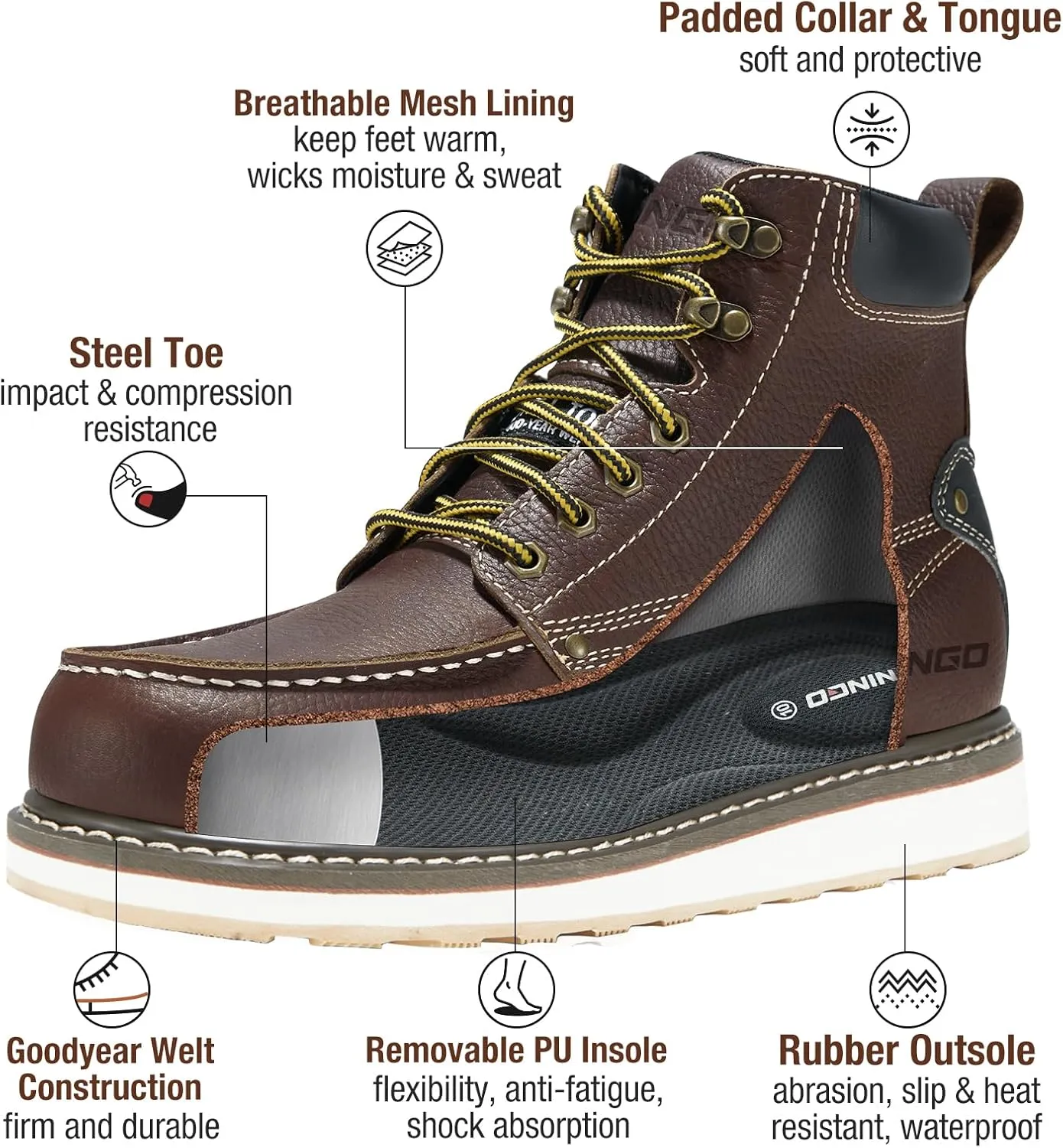 HISEA NINGO Work Boots for Men Steel/Soft Toe Boots, 6 Waterproof Slip Resistant Industrial & Construction Work Boots, Composite Toe Working Boots