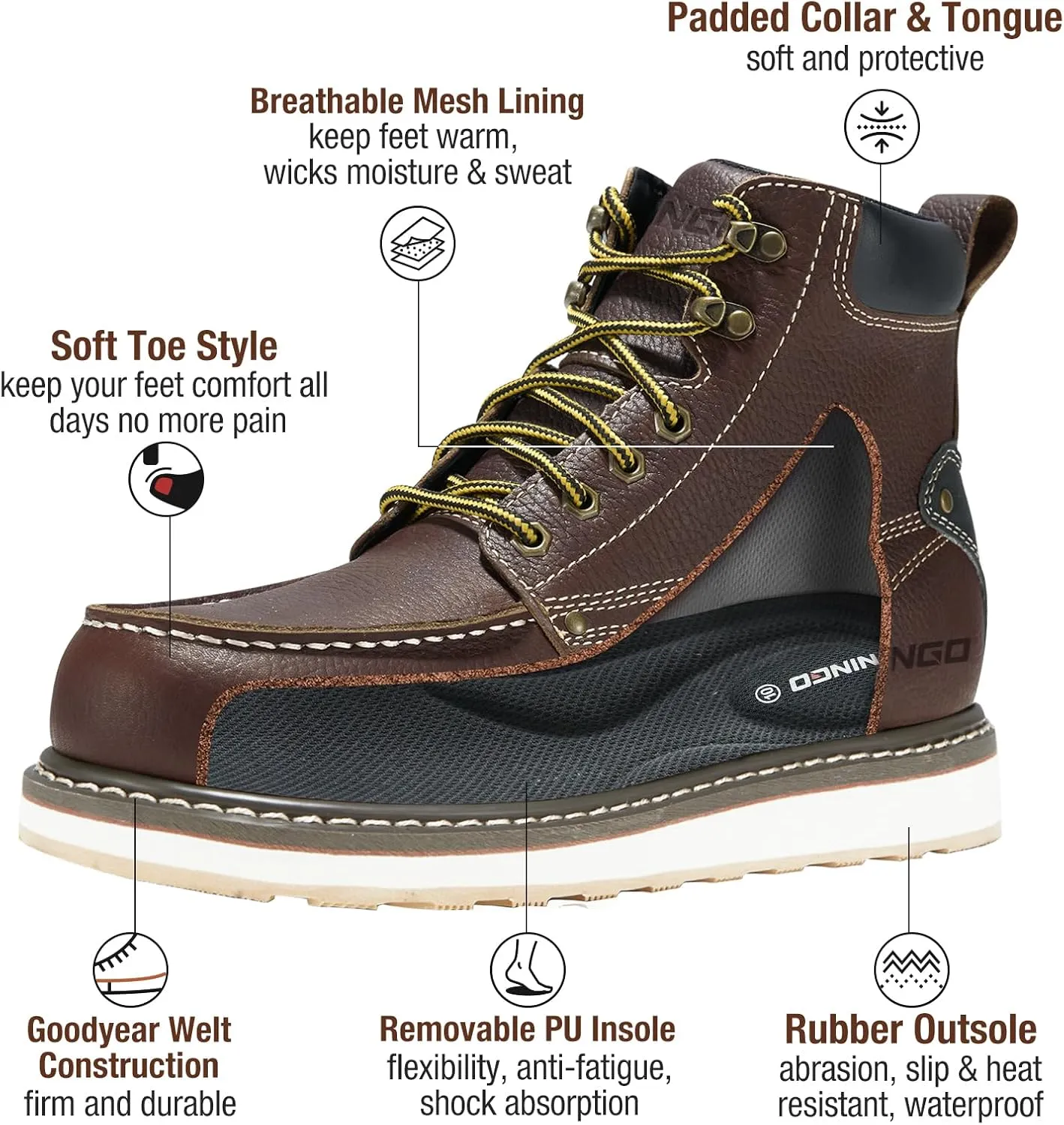 HISEA NINGO Work Boots for Men Steel/Soft Toe Boots, 6 Waterproof Slip Resistant Industrial & Construction Work Boots, Composite Toe Working Boots