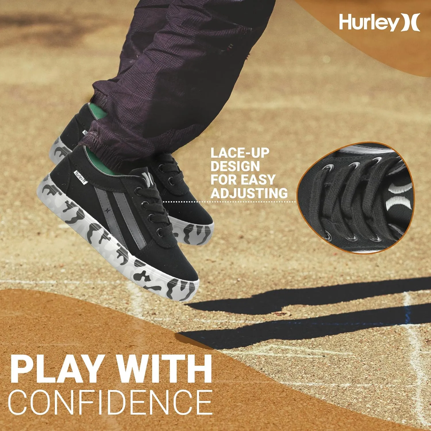Hurley Boardy Kids Lace Up Canvas Sneakers  Low Cut Skateboarding Shoes for Kids, Sports Shoes for Boys and Girls