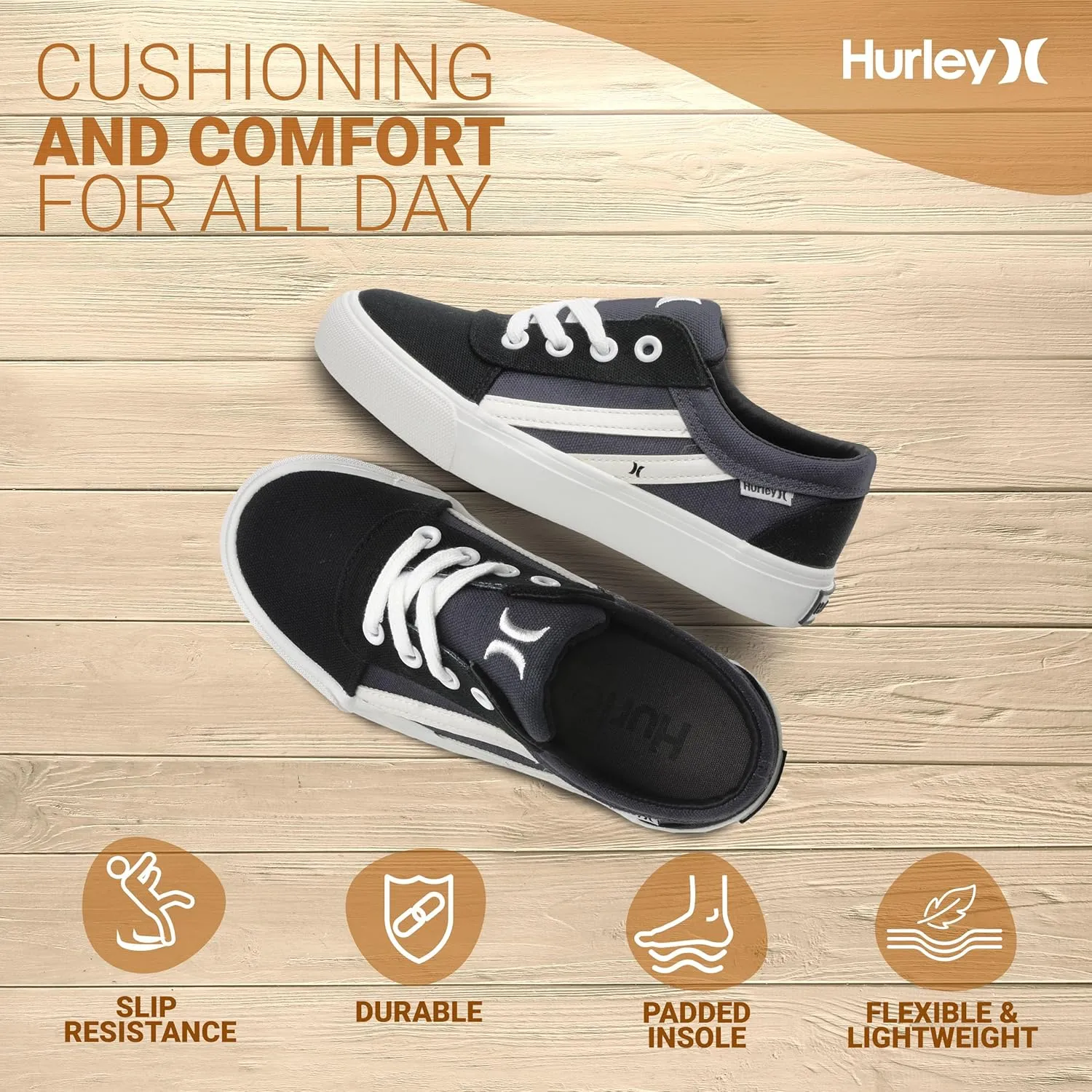 Hurley Boardy Kids Lace Up Canvas Sneakers  Low Cut Skateboarding Shoes for Kids, Sports Shoes for Boys and Girls