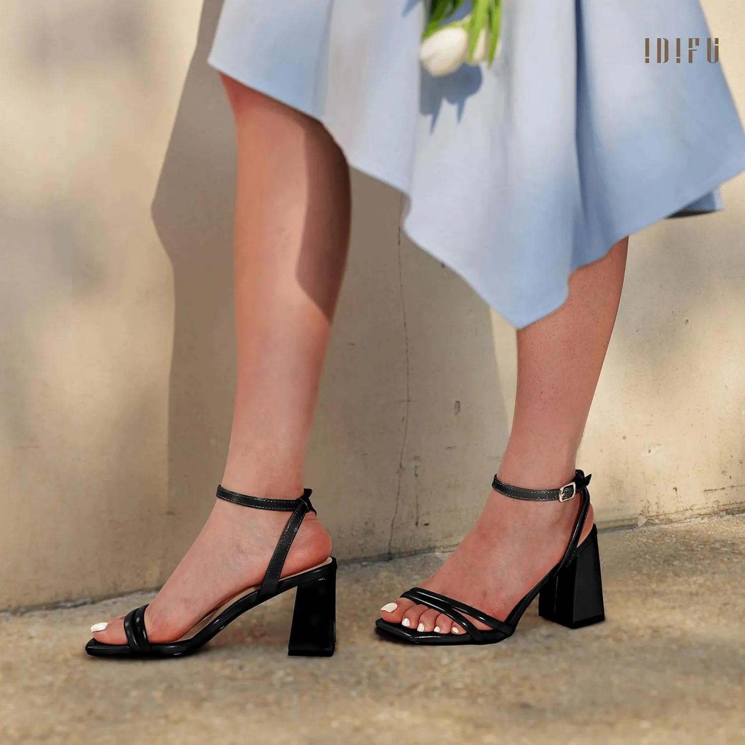 IDIFU IN3 Women's Strappy Heels Chunky Block Square Open Toe Adjustable Ankle Strap Heeled Sandals Slingback Thick Low Wedding Prom Bridal Dress Shoes for Women Short Heels