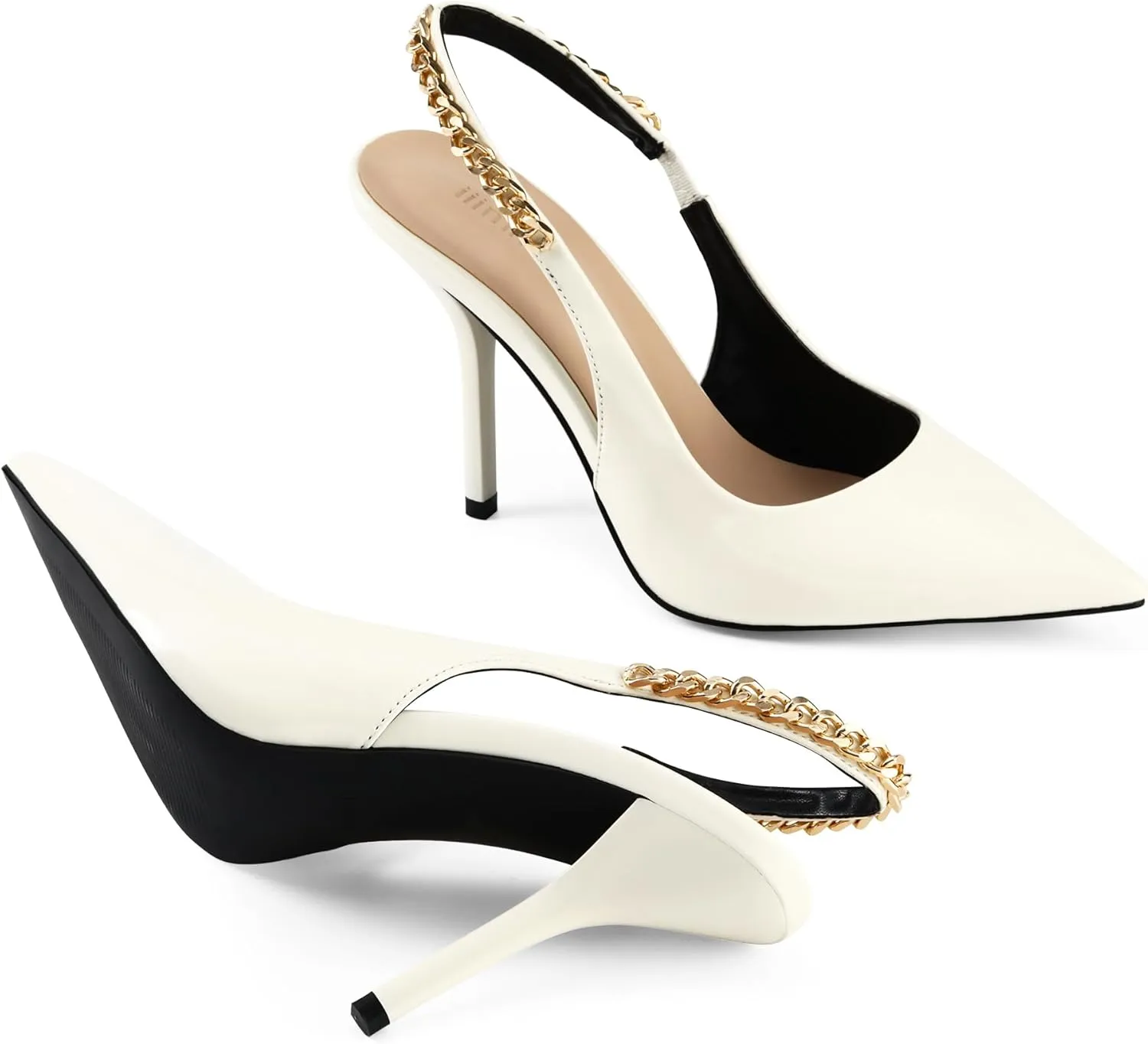 iiimmu Women's Stiletto Heels Closed Pointed Toe 4 in Heels for Women Patent Leather Pumps with Chain Wedding Party Dress Prom Heels Slingback Pumps