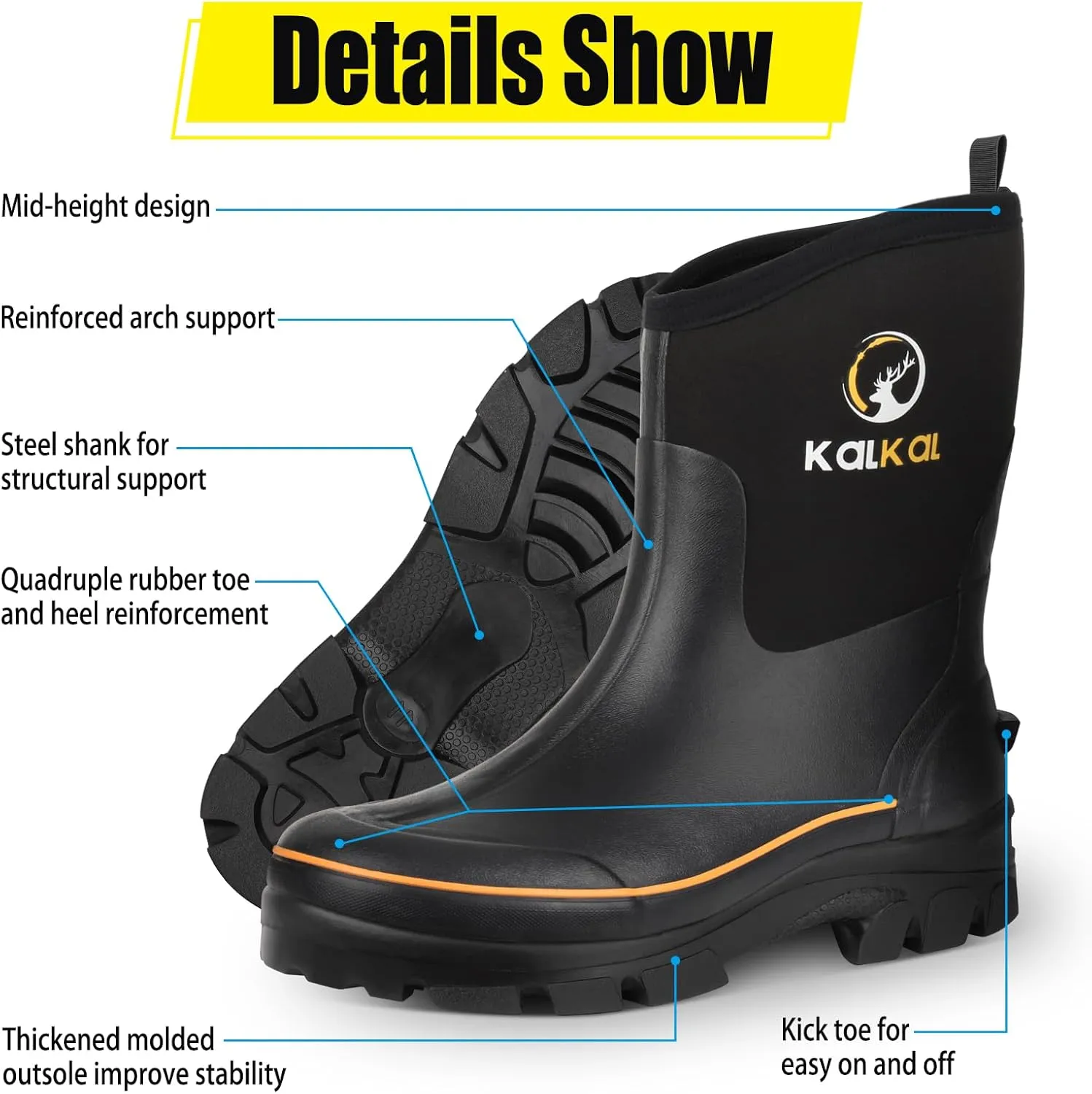 Kalkal Rubber Boots for Men, 6mm Neoprene Insulated Rain Boots with Steel Shank, Waterproof Mid Calf Rubber Work Boots For Mud Gardening Farming Fishing Hunting Working, Size 7-14