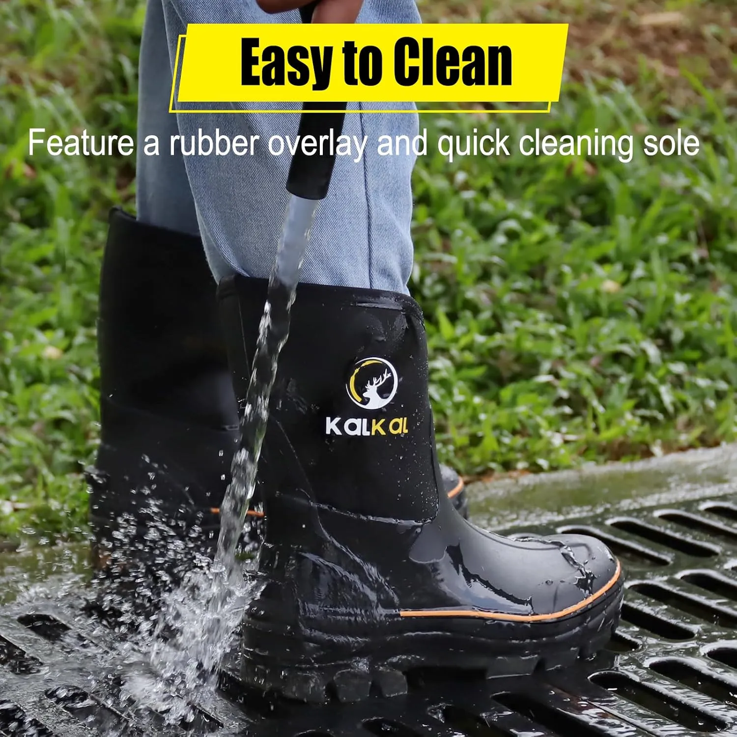 Kalkal Rubber Boots for Men, 6mm Neoprene Insulated Rain Boots with Steel Shank, Waterproof Mid Calf Rubber Work Boots For Mud Gardening Farming Fishing Hunting Working, Size 7-14