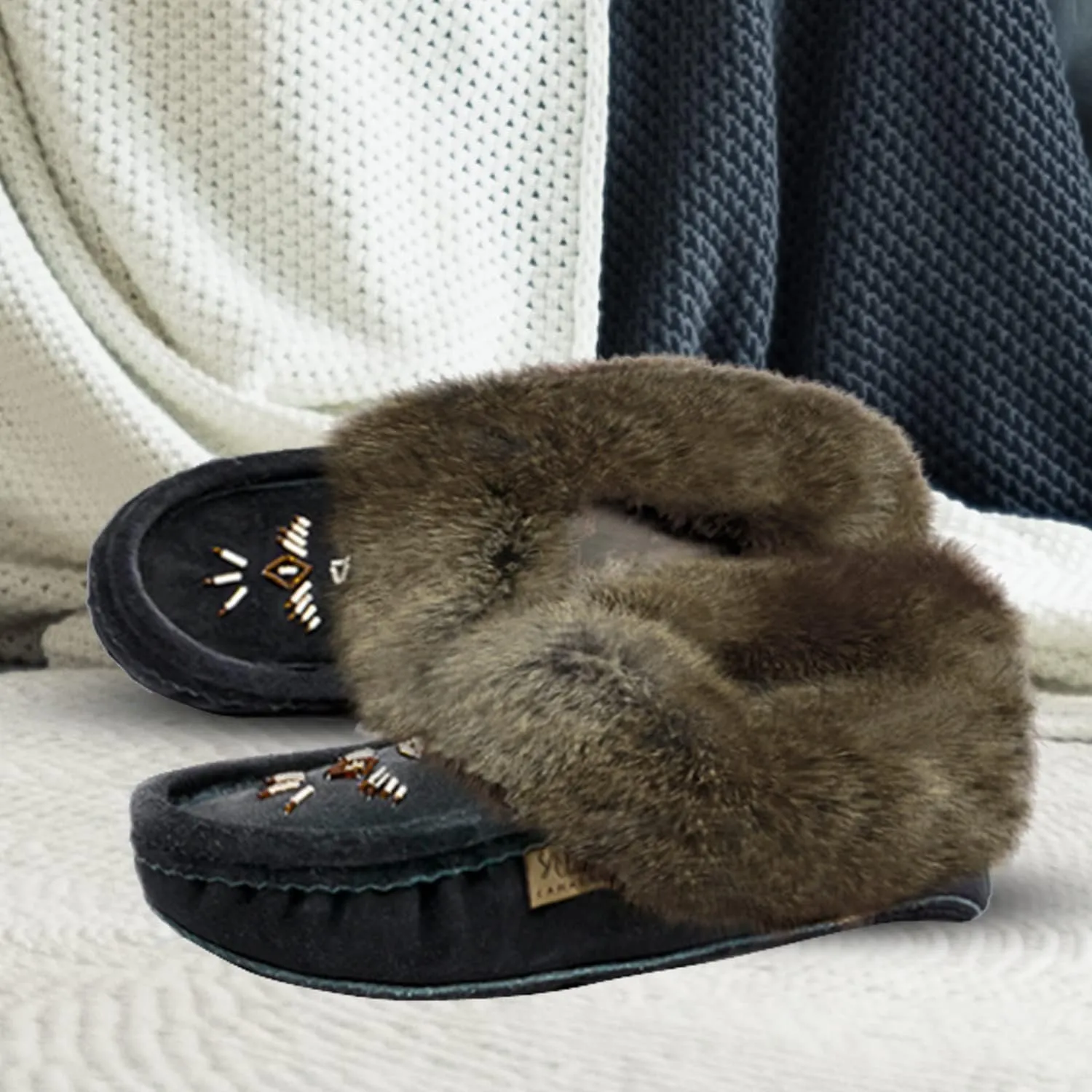 Laurentian Chief Moccasin Slippers for Women  Ladies Comfortable Slippers with Real Rabbit Fur Trim and Soft Faux Lining  Canada Quality Beaded Style Warmie Shoes for House Indoor