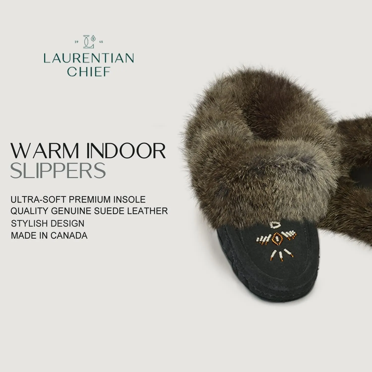 Laurentian Chief Moccasin Slippers for Women  Ladies Comfortable Slippers with Real Rabbit Fur Trim and Soft Faux Lining  Canada Quality Beaded Style Warmie Shoes for House Indoor