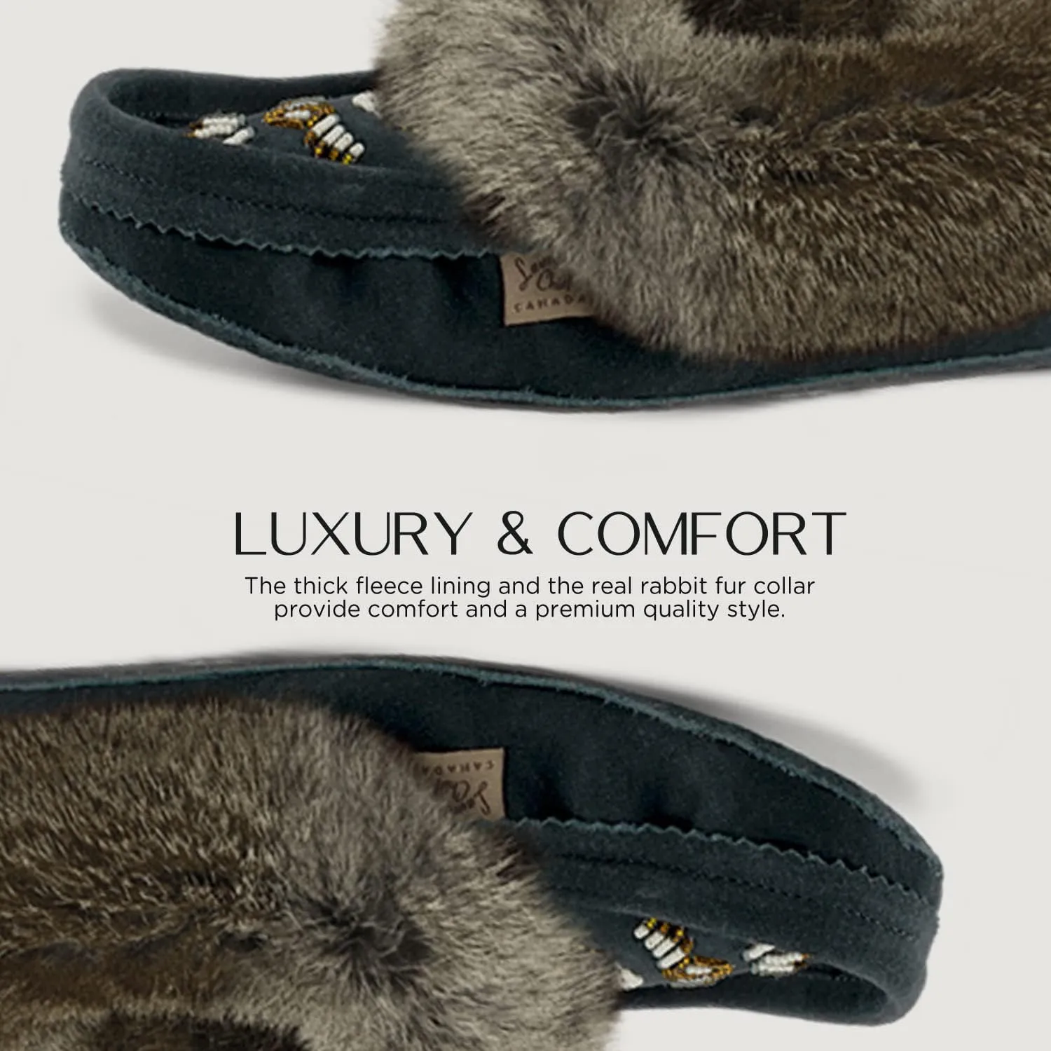 Laurentian Chief Moccasin Slippers for Women  Ladies Comfortable Slippers with Real Rabbit Fur Trim and Soft Faux Lining  Canada Quality Beaded Style Warmie Shoes for House Indoor