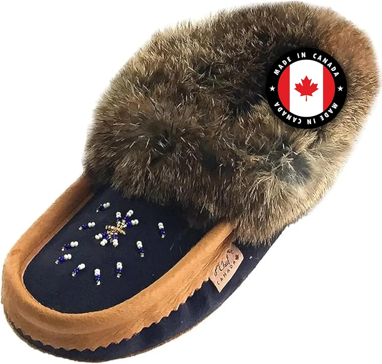 Laurentian Chief Moccasin Slippers for Women  Ladies Comfortable Slippers with Real Rabbit Fur Trim and Soft Faux Lining  Canada Quality Beaded Style Warmie Shoes for House Indoor