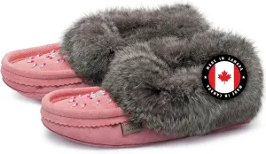 Laurentian Chief Moccasin Slippers for Women  Ladies Comfortable Slippers with Real Rabbit Fur Trim and Soft Faux Lining  Canada Quality Beaded Style Warmie Shoes for House Indoor