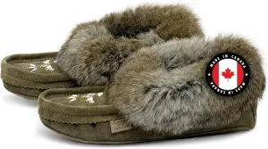 Laurentian Chief Moccasin Slippers for Women  Ladies Comfortable Slippers with Real Rabbit Fur Trim and Soft Faux Lining  Canada Quality Beaded Style Warmie Shoes for House Indoor