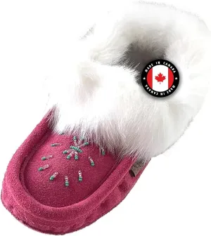 Laurentian Chief Moccasin Slippers for Women  Ladies Comfortable Slippers with Real Rabbit Fur Trim and Soft Faux Lining  Canada Quality Beaded Style Warmie Shoes for House Indoor