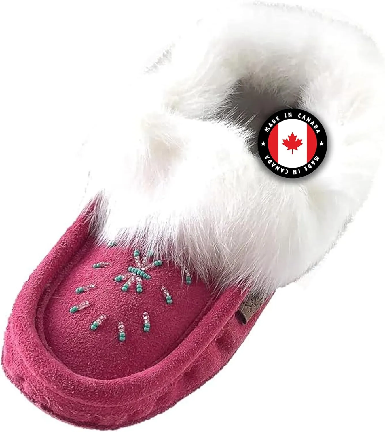 Laurentian Chief Moccasin Slippers for Women  Ladies Comfortable Slippers with Real Rabbit Fur Trim and Soft Faux Lining  Canada Quality Beaded Style Warmie Shoes for House Indoor