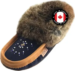 Laurentian Chief Moccasin Slippers for Women  Ladies Comfortable Slippers with Real Rabbit Fur Trim and Soft Faux Lining  Canada Quality Beaded Style Warmie Shoes for House Indoor