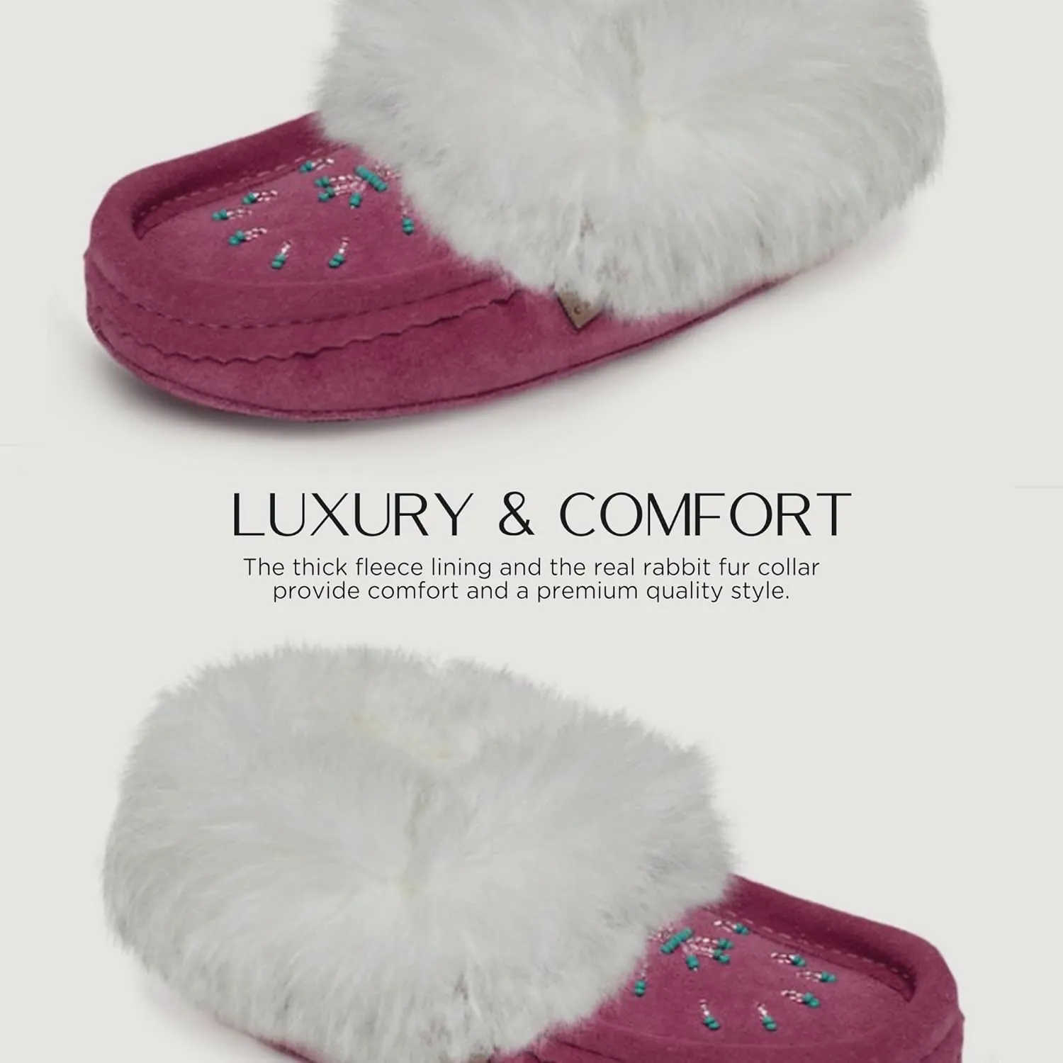 Laurentian Chief Moccasin Slippers for Women  Ladies Comfortable Slippers with Real Rabbit Fur Trim and Soft Faux Lining  Canada Quality Beaded Style Warmie Shoes for House Indoor