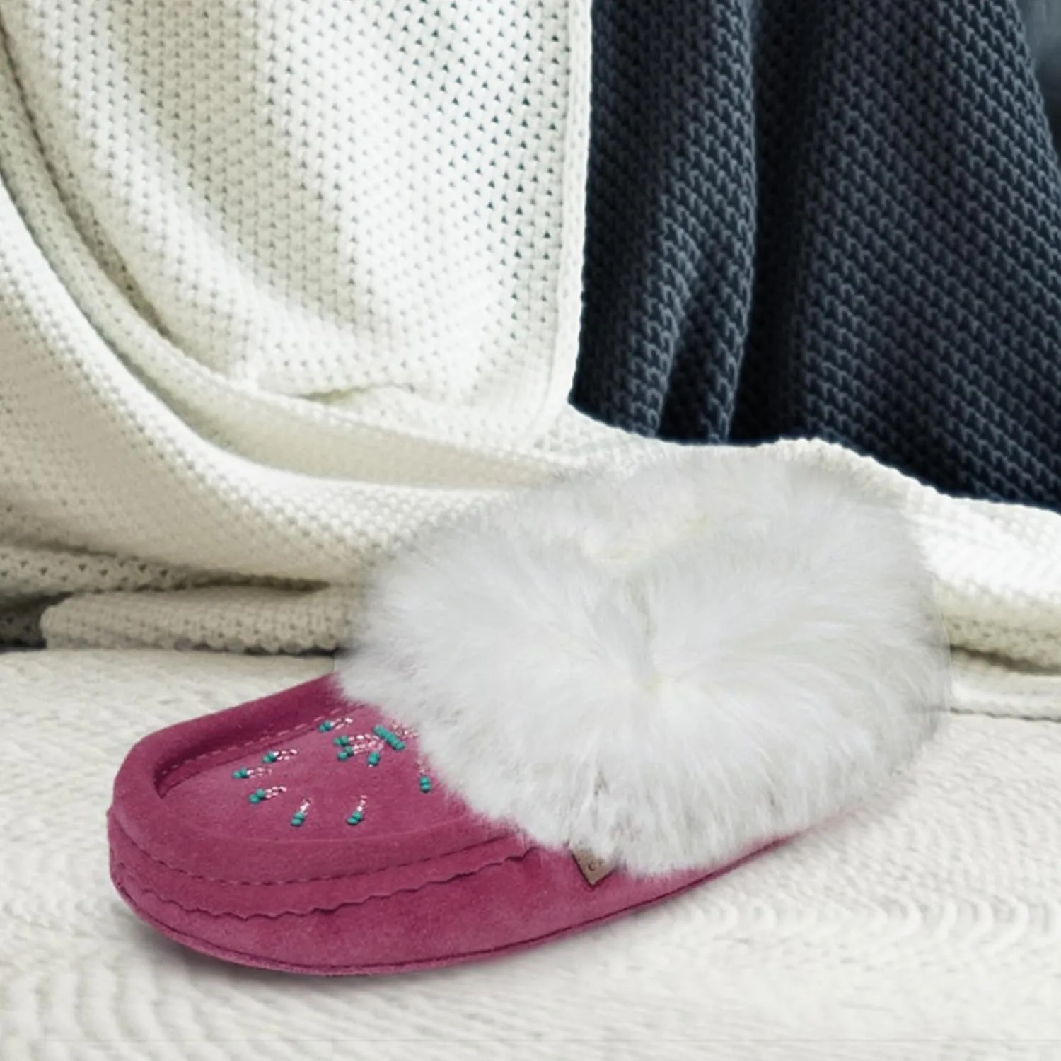 Laurentian Chief Moccasin Slippers for Women  Ladies Comfortable Slippers with Real Rabbit Fur Trim and Soft Faux Lining  Canada Quality Beaded Style Warmie Shoes for House Indoor