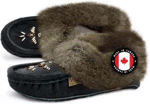 Laurentian Chief Moccasin Slippers for Women  Ladies Comfortable Slippers with Real Rabbit Fur Trim and Soft Faux Lining  Canada Quality Beaded Style Warmie Shoes for House Indoor