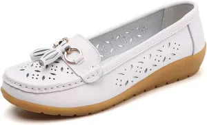 Leather Moccasins Womens, Women Comfort Summer Hollow Breathable Leather Slip-On Nurse Shoes, Slip Resistant Flat Shoes Loafers, Ideal for Nurse Healthcare Crews
