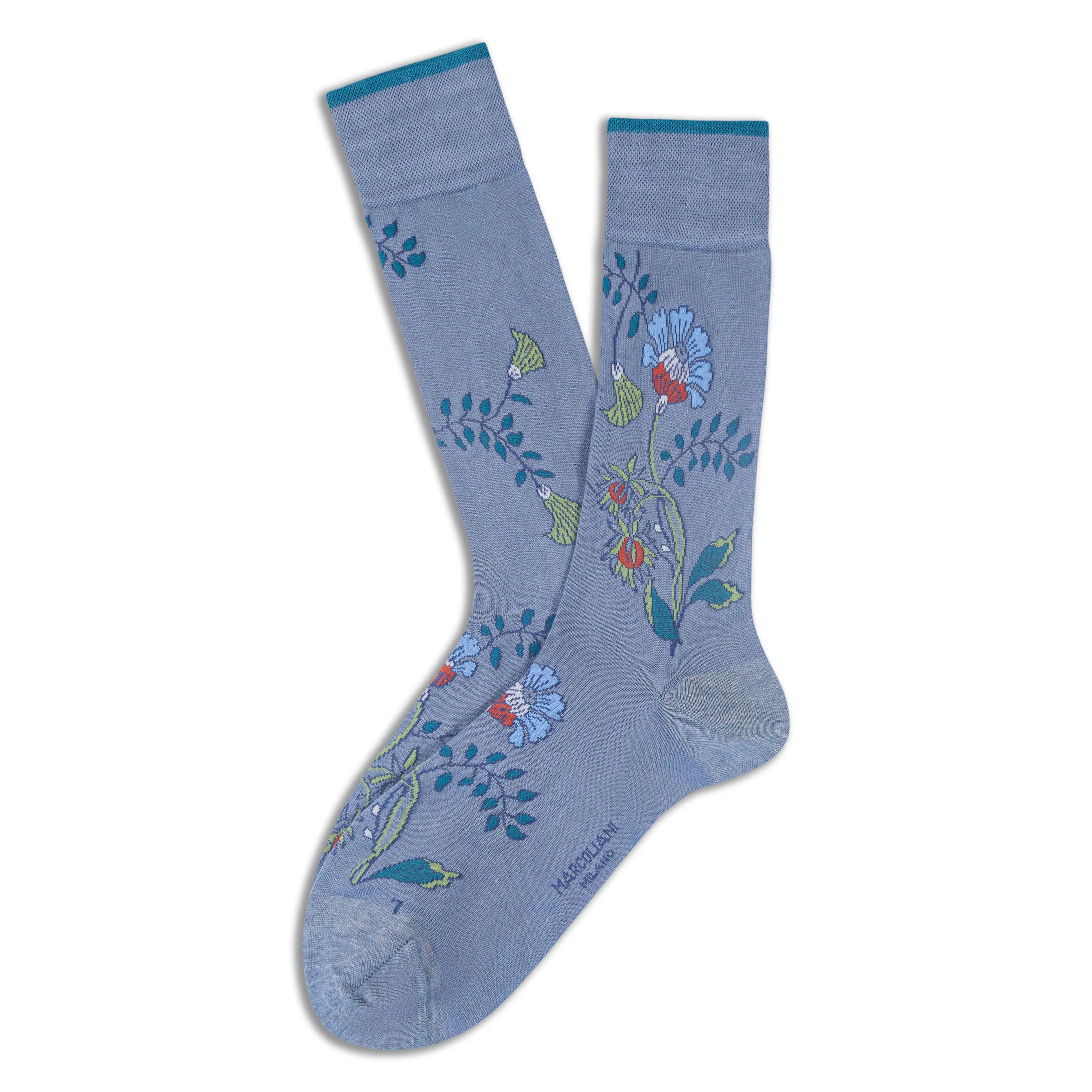 Light Blue Denim Fresh of Modal Misore Flower Mid-Calf Socks - Marcoliani