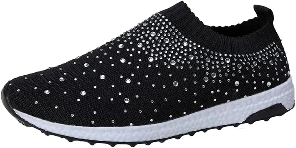 LLTMALL Women's Slip on Sock Sneakers Glitter Rhinestone Latin Jazz Folk Dance Easy Shoes